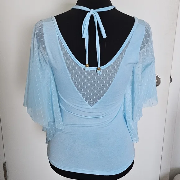 D.i.a Gyaru Blue Batwing Sheer Polka Dot Sleeve Beaded Halter Neck Top With - Picture 4 of 9